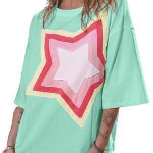Women's Star Patch Oversized Tee, Moonlight Jade Casual Top - Main View