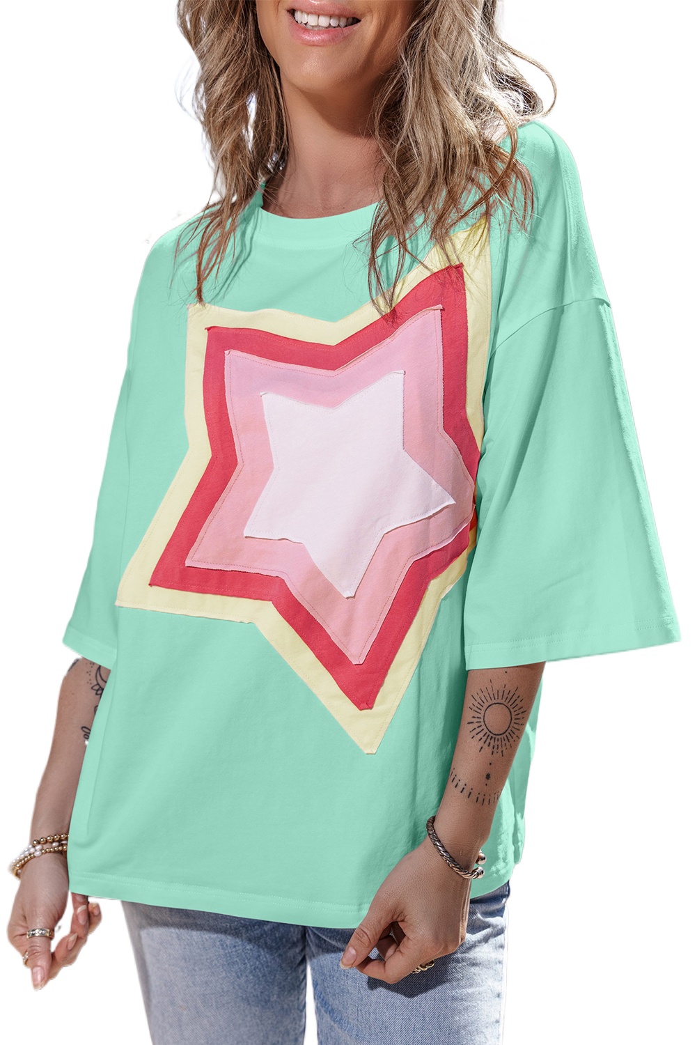 Women's Star Patch Oversized Tee, Moonlight Jade Casual Top - Main View Women's Star Patch Oversized Tee, Moonlight Jade Casual Top - Main View