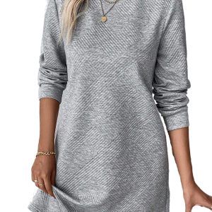 Women's Gray Textured Long Sleeve Shift Dress - Main View