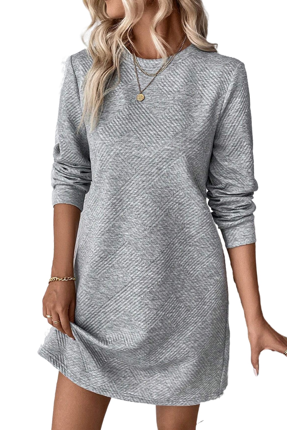 Women's Gray Textured Long Sleeve Shift Dress - Main View Women's Gray Textured Long Sleeve Shift Dress - Main View