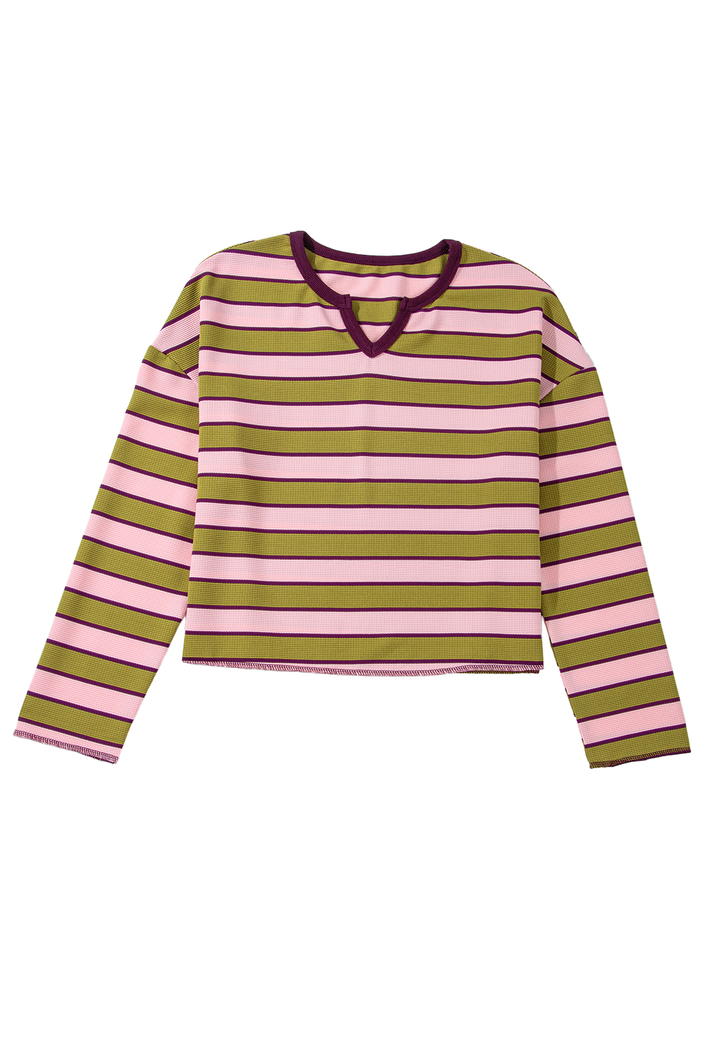 Women's Top, Spinach Green, Striped Pattern, Waffle Texture, Long Sleeve, Notched Neck, Casual Style, Comfort, Daily Wear, Spring Fashion, Trendy Design, Shift Silhouette, Elevated Style, Tops, Long Sleeve Tops - Detail View 16 Women's Top, Spinach Green, Striped Pattern, Waffle Texture, Long Sleeve, Notched Neck, Casual Style, Comfort, Daily Wear, Spring Fashion, Trendy Design, Shift Silhouette, Elevated Style, Tops, Long Sleeve Tops - Detail View 16