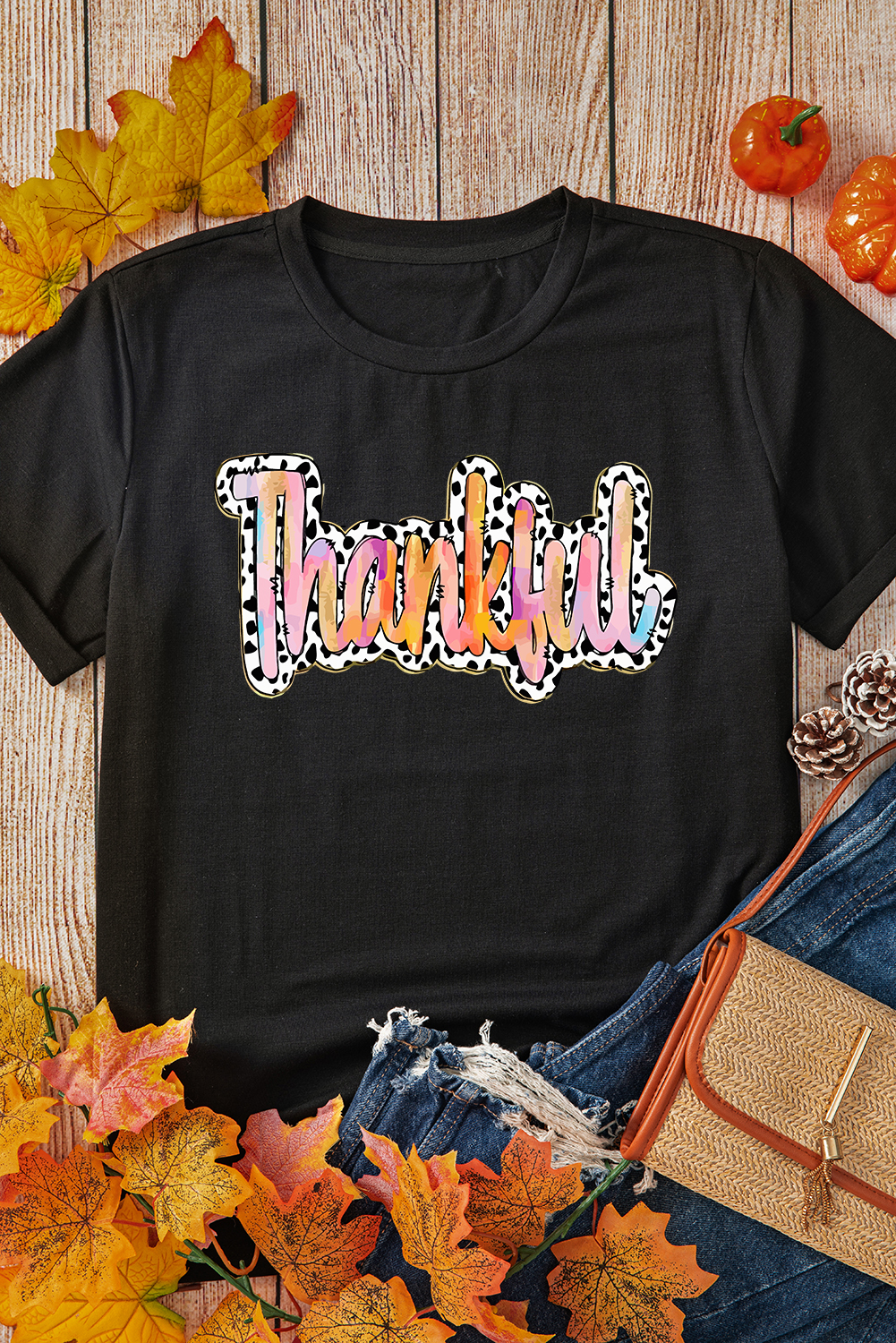 Casual Thankful Graphic Tee with Unique Cow Print Design for Women - Detail View 6 Casual Thankful Graphic Tee with Unique Cow Print Design for Women - Detail View 6