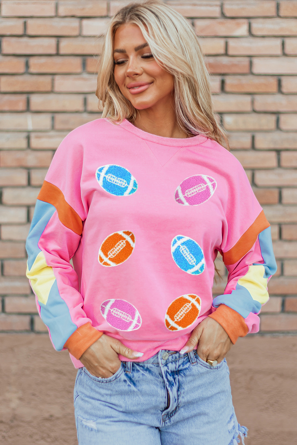 Pink Colorblock Rugby Football Graphic Long Sleeve Tee - Perfect for Game Day - Detail View 7 Pink Colorblock Rugby Football Graphic Long Sleeve Tee - Perfect for Game Day - Detail View 7