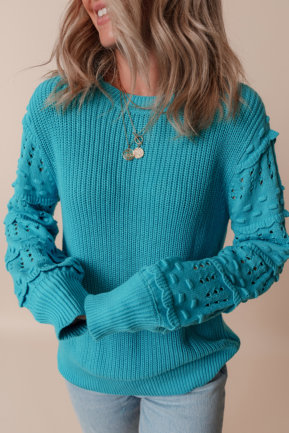 Cozy and Unique Turquoise Eyelet Sweater with Long Sleeve - Perfect for Fall and Autumn - Detail View 3 Cozy and Unique Turquoise Eyelet Sweater with Long Sleeve - Perfect for Fall and Autumn - Detail View 3