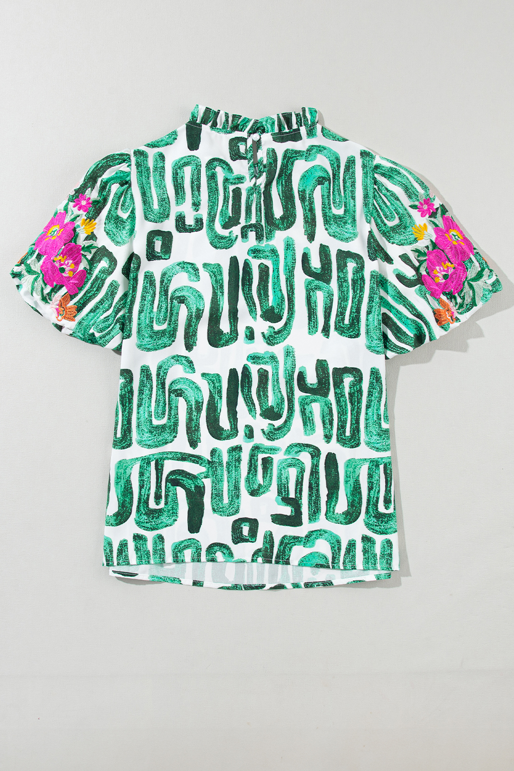 Green Abstract Summer Top, Women's Frilled Neck Casual Shirt - Detail View 9 Green Abstract Summer Top, Women's Frilled Neck Casual Shirt - Detail View 9