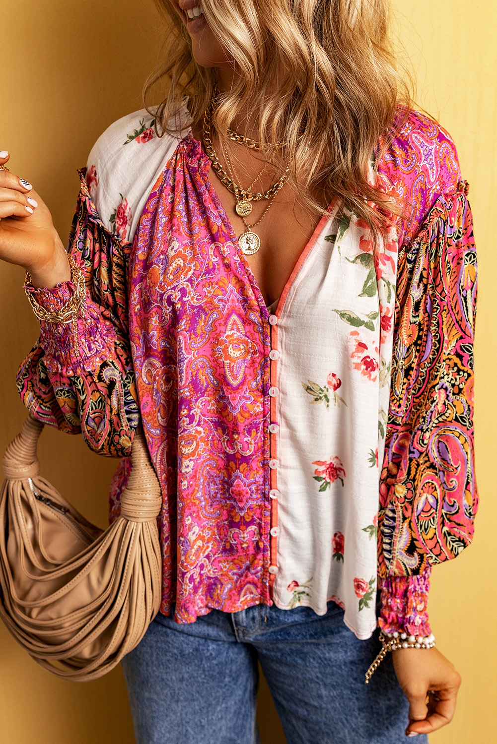 Women's Casual Shirred Cuff Blouse, Romantic Floral Patchwork - Detail View 3 Women's Casual Shirred Cuff Blouse, Romantic Floral Patchwork - Detail View 3