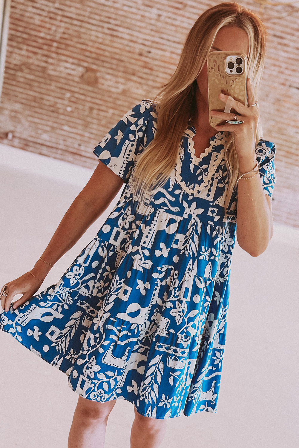 Women's Blue Floral Tiered Dress, Casual V Neck Summer Style - Detail View 4 Women's Blue Floral Tiered Dress, Casual V Neck Summer Style - Detail View 4