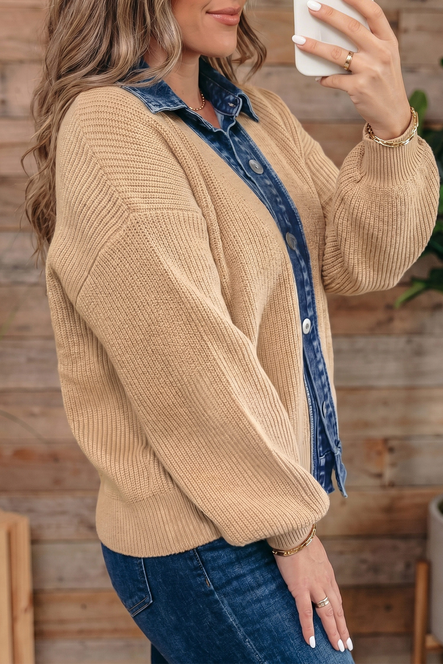 Women's Collar Knit Cardigan, Casual Patchwork Sweater - Detail View 10 Women's Collar Knit Cardigan, Casual Patchwork Sweater - Detail View 10