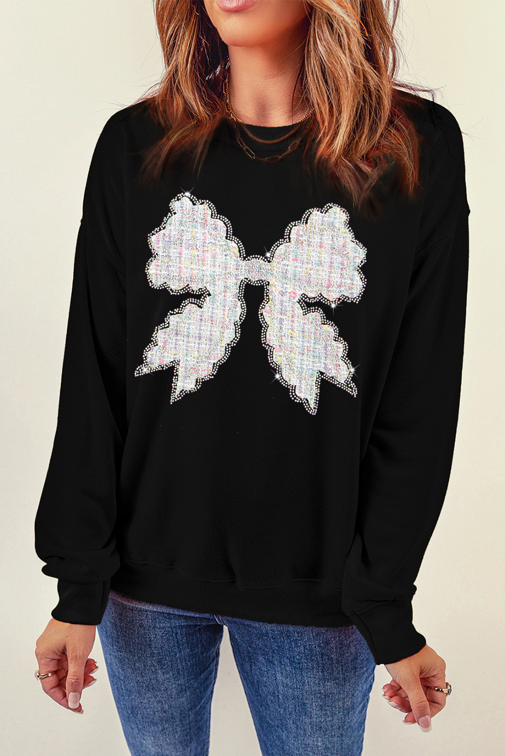 Women's Black Rhinestone Decor Bowknot Graphic Pullover Sweatshirt - Detail View 6 Women's Black Rhinestone Decor Bowknot Graphic Pullover Sweatshirt - Detail View 6