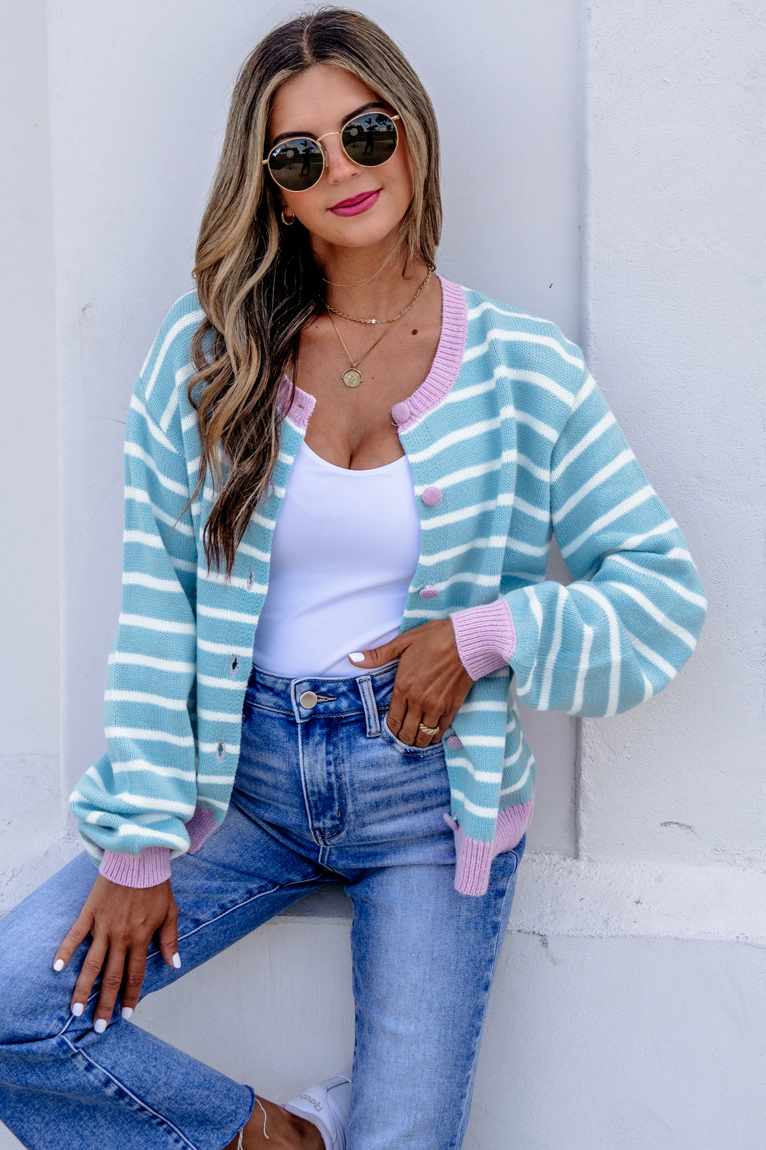 Casual Fall Striped Cardigan, Soft Button Front Knit Layer - Detail View 3 Casual Fall Striped Cardigan, Soft Button Front Knit Layer - Detail View 3