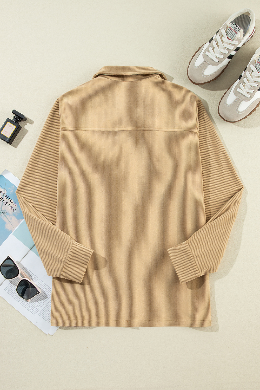 Versatile Long Sleeve Button Up Shacket: Luxurious Corduroy Fabric - Detail View 7 Versatile Long Sleeve Button Up Shacket: Luxurious Corduroy Fabric - Detail View 7