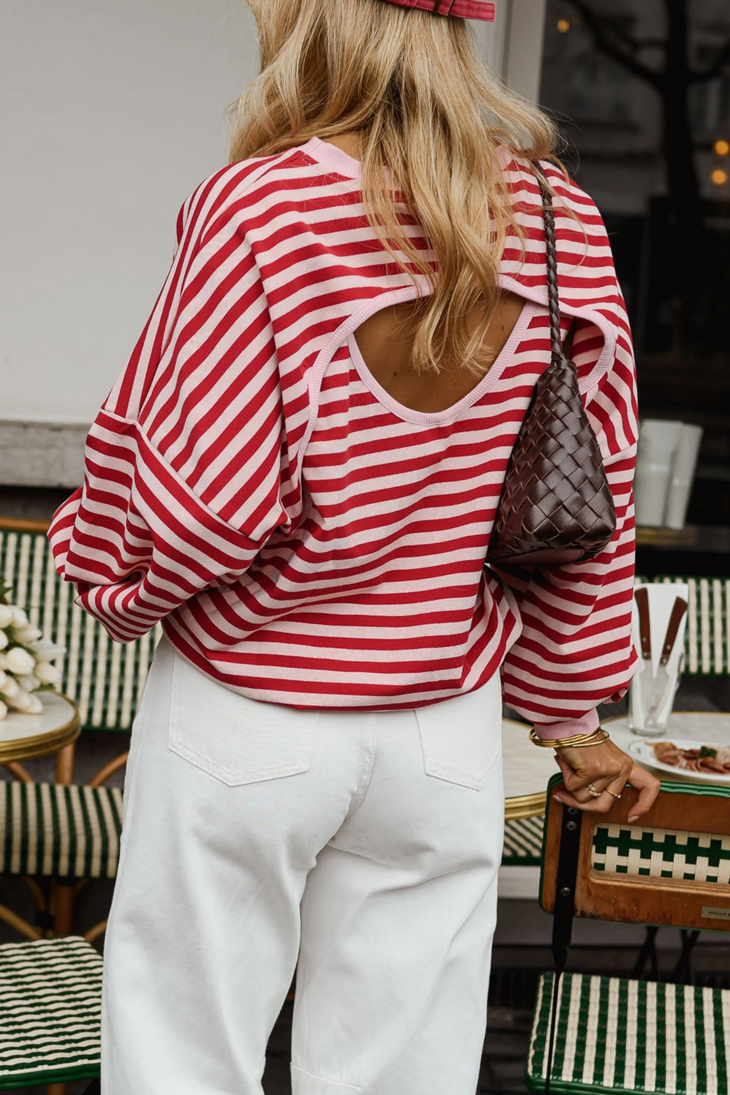 Cotton Blend Striped Women's Top, Loose Backless Long Sleeve - Detail View 9 Cotton Blend Striped Women's Top, Loose Backless Long Sleeve - Detail View 9