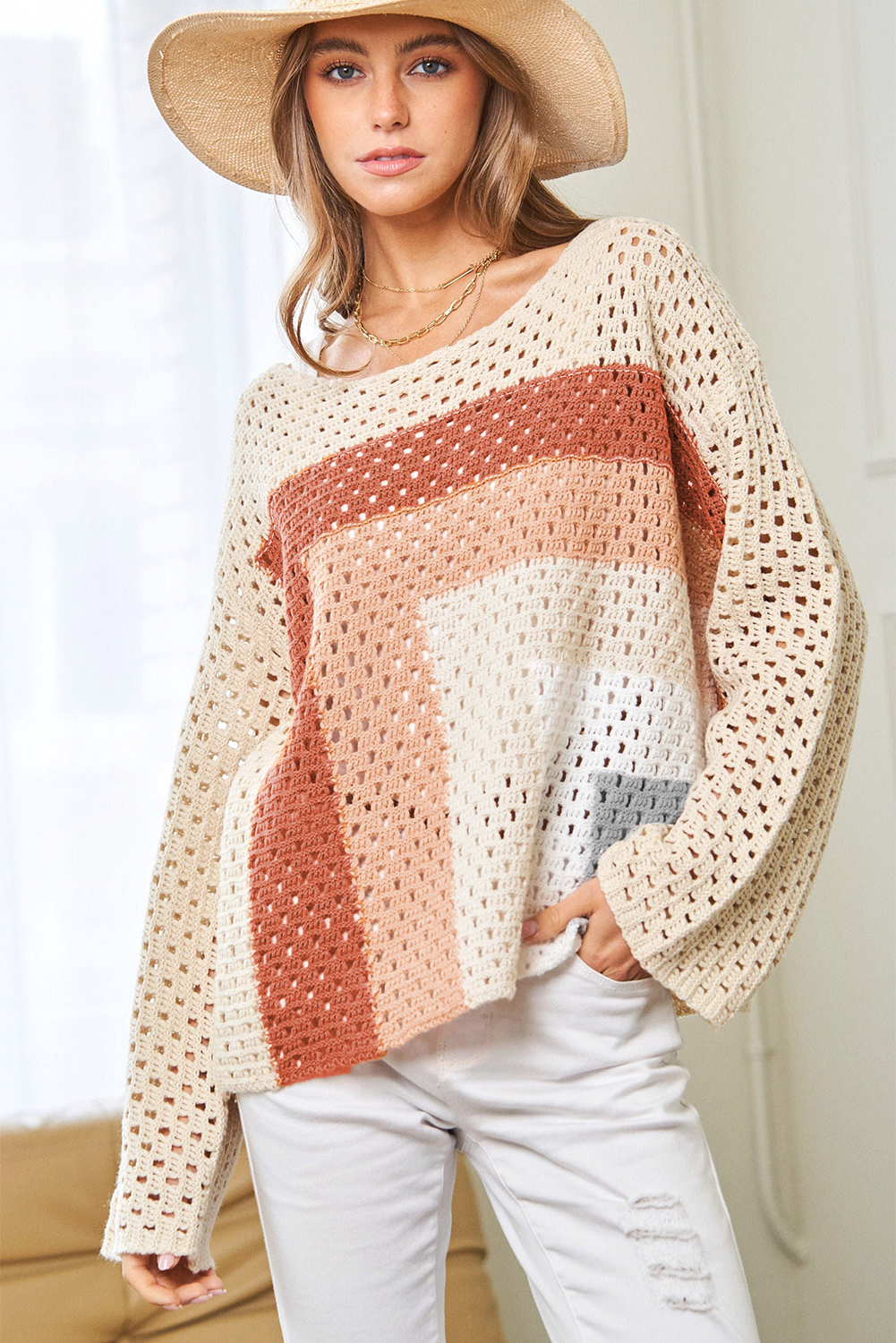Get ready to elevate your fall style with this Women's Apricot Pointelle Knit Colorblock Baggy Sweater. The dropped shoulder creates a relaxed slouchy touch, while the color block design adds a modern touch to any outfit. Made from soft and breathable 100% acrylic material, this sweater top provides a comfy fit. The unique patchwork pattern adds a touch of whimsy to the design, making it perfect for casual daily wear. Pair it with jeans and boots for a chic and cozy autumn look. This sweater is a must-have in your wardrobe, featuring delicate cuttings and attractive prices. - Detail View 4 Get ready to elevate your fall style with this Women's Apricot Pointelle Knit Colorblock Baggy Sweater. The dropped shoulder creates a relaxed slouchy touch, while the color block design adds a modern touch to any outfit. Made from soft and breathable 100% acrylic material, this sweater top provides a comfy fit. The unique patchwork pattern adds a touch of whimsy to the design, making it perfect for casual daily wear. Pair it with jeans and boots for a chic and cozy autumn look. This sweater is a must-have in your wardrobe, featuring delicate cuttings and attractive prices. - Detail View 4