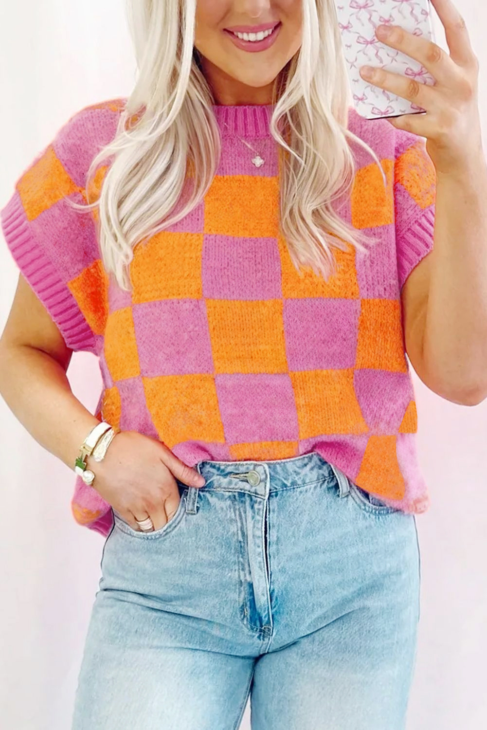 Casual and Chic Tank Top for Women - Strawberry Pink Colorblock Plaid Pattern - Detail View 3 Casual and Chic Tank Top for Women - Strawberry Pink Colorblock Plaid Pattern - Detail View 3