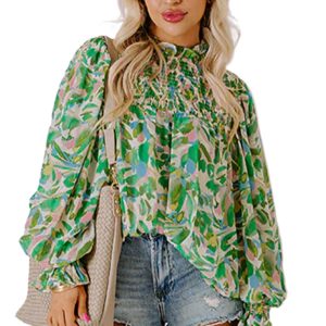 Women's Green Leafy Printed Flounce Sleeve Shirred Mock Neck Blouse - Elegant Floral Design - Main View