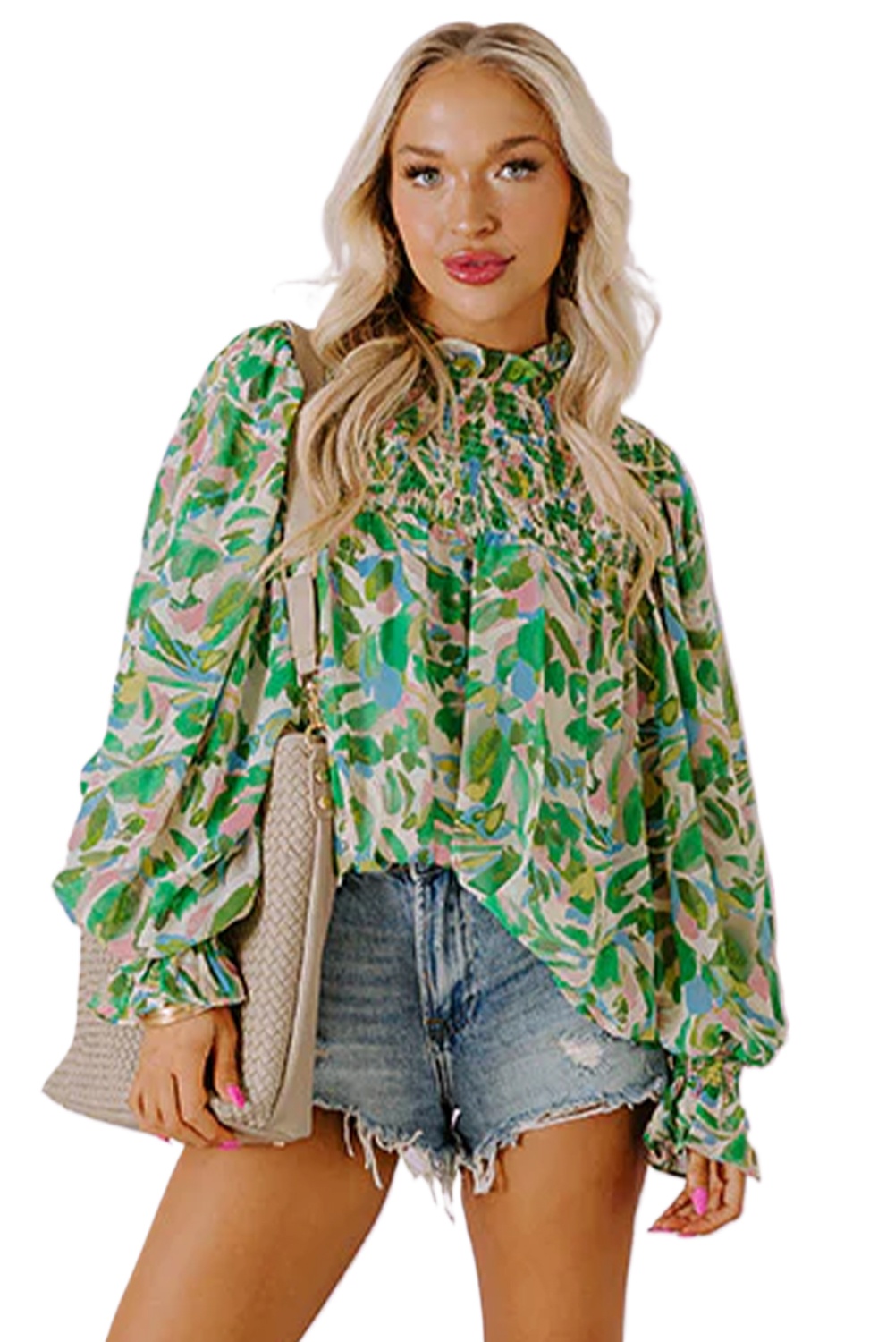 Women's Green Leafy Printed Flounce Sleeve Shirred Mock Neck Blouse - Elegant Floral Design - Main View Women's Green Leafy Printed Flounce Sleeve Shirred Mock Neck Blouse - Elegant Floral Design - Main View