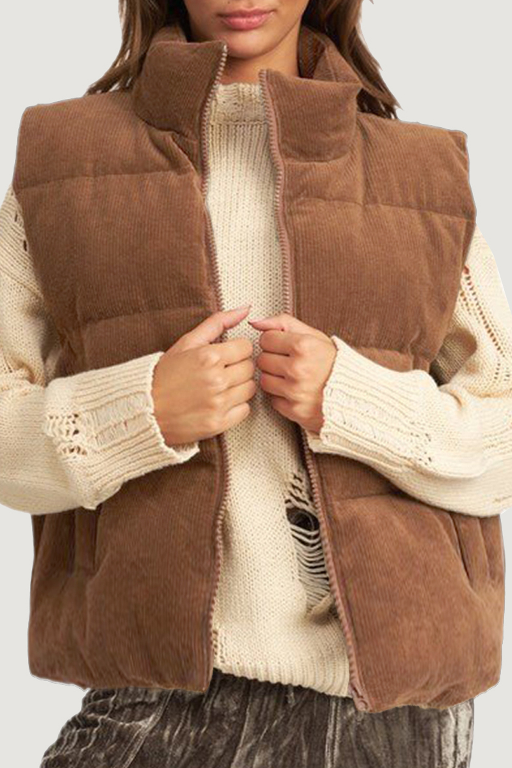 Casual Coffee Corduroy Puffer Vest with Stand Neck Design - Detail View 2 Casual Coffee Corduroy Puffer Vest with Stand Neck Design - Detail View 2