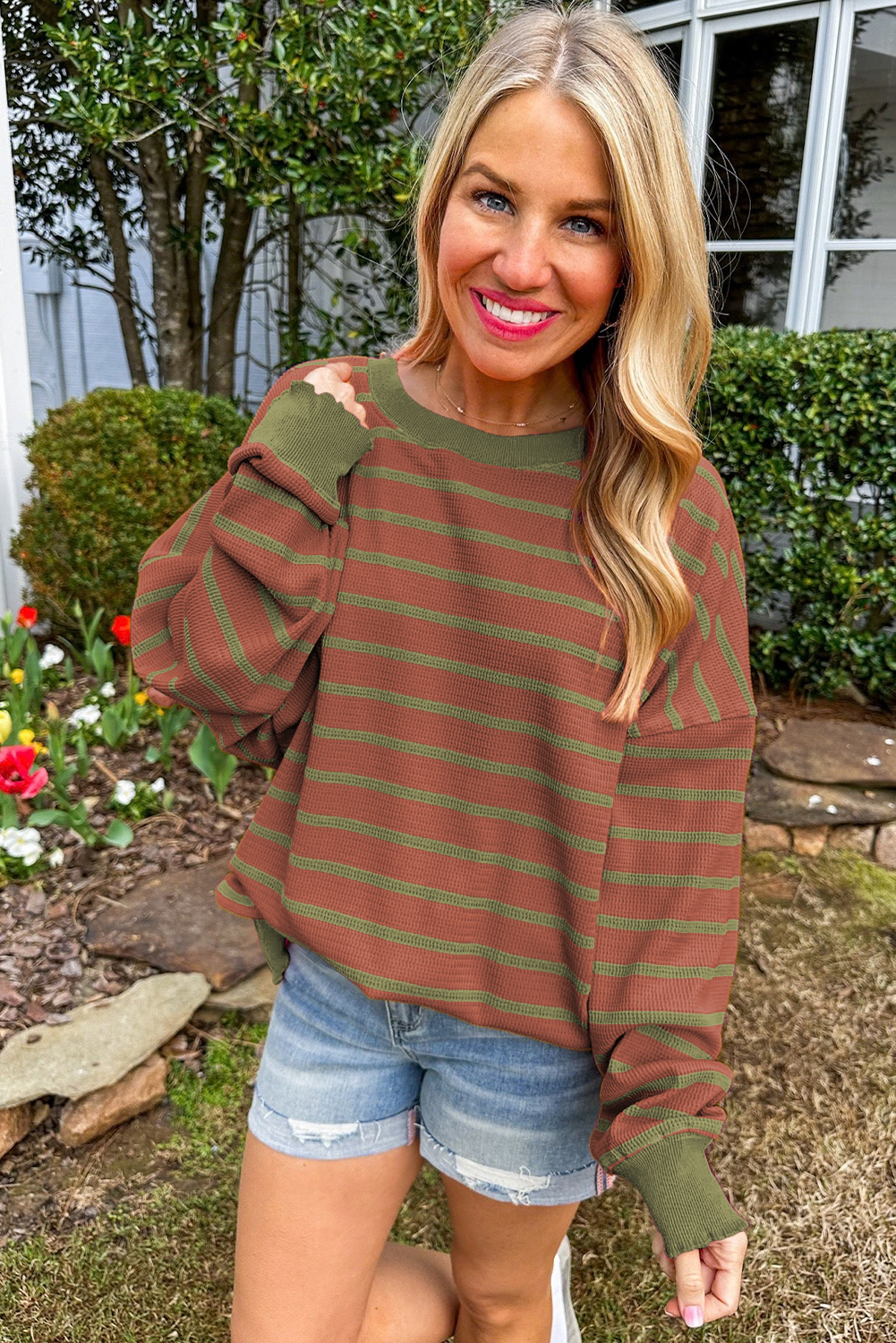 Versatile and Comfortable Loose Fit Sweater for Daily Wear - Brown Stripe Colorblock - Detail View 3 Versatile and Comfortable Loose Fit Sweater for Daily Wear - Brown Stripe Colorblock - Detail View 3