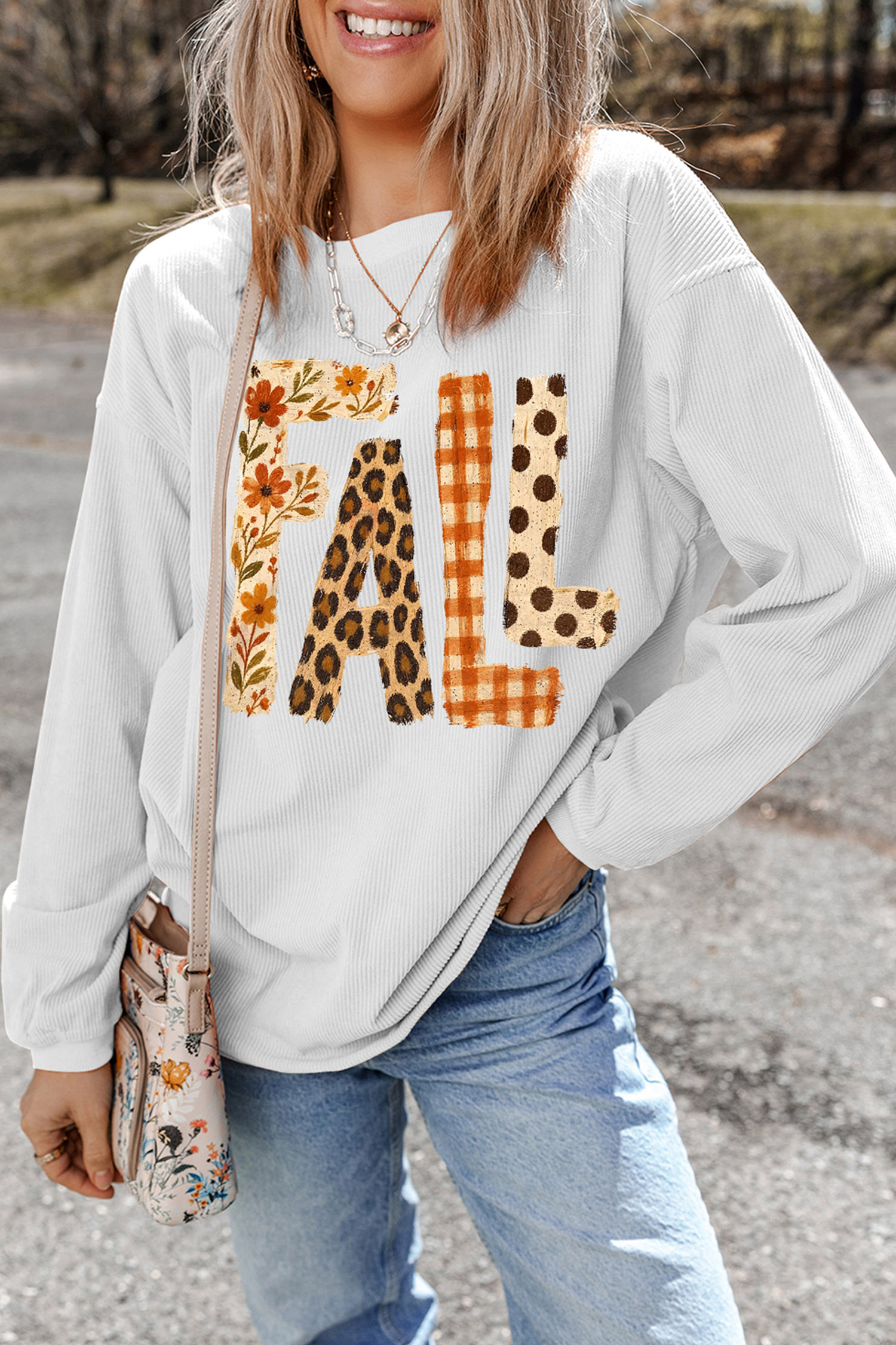 Casual Fall Letter Sweatshirt, Women's White Graphic Pullover - Detail View 6 Casual Fall Letter Sweatshirt, Women's White Graphic Pullover - Detail View 6