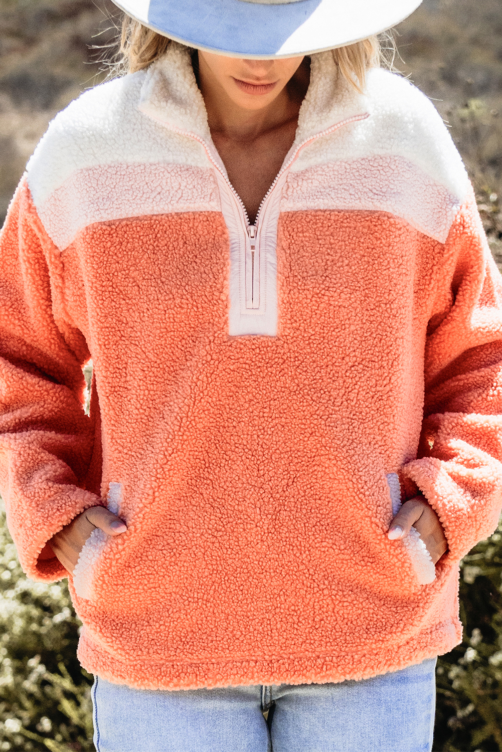 Casual and Comfortable Orange Sherpa Sweatshirt with Colorblock Contrast for Women - Detail View 8 Casual and Comfortable Orange Sherpa Sweatshirt with Colorblock Contrast for Women - Detail View 8