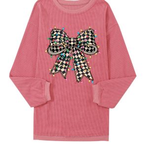 Women's Strawberry Pink Checkered Bow Print Ribbed Crew Neck Pullover Sweatshirt - Main View
