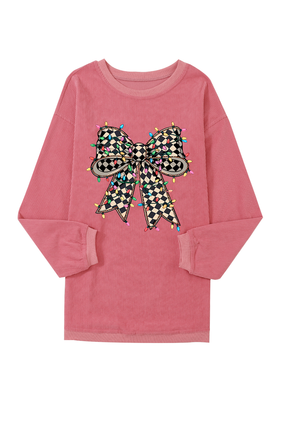 Women's Strawberry Pink Checkered Bow Print Ribbed Crew Neck Pullover Sweatshirt - Main View Women's Strawberry Pink Checkered Bow Print Ribbed Crew Neck Pullover Sweatshirt - Main View