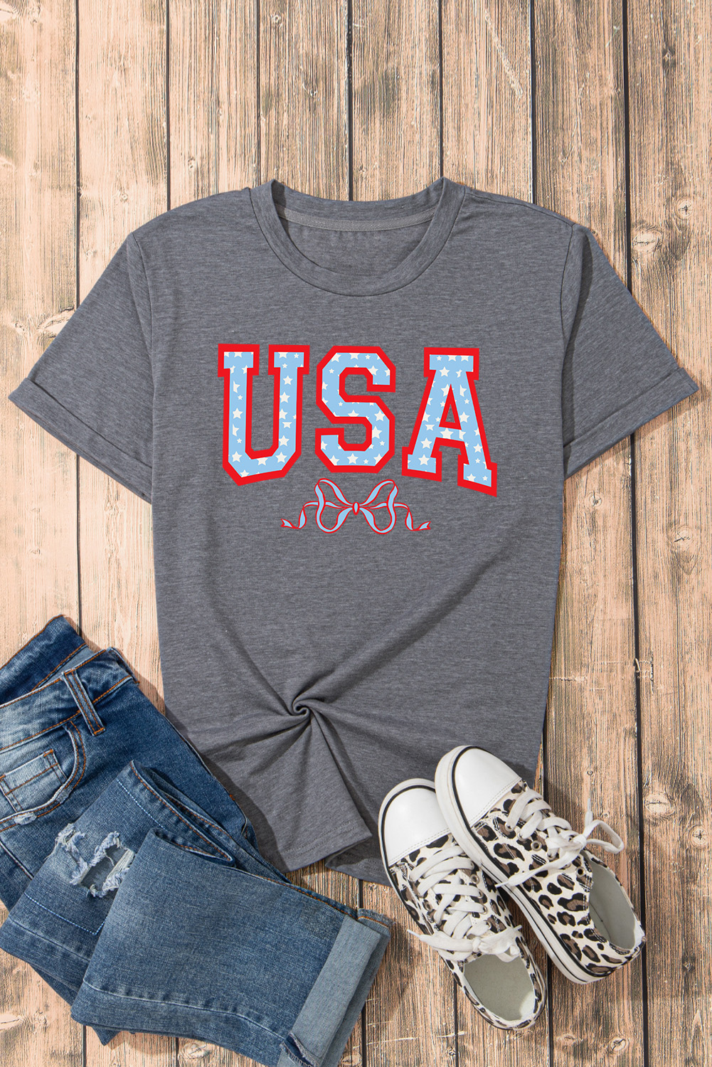 Patriotic Graphic Tee: Gray USA Star Print with Bow Knot Design - Detail View 7 Patriotic Graphic Tee: Gray USA Star Print with Bow Knot Design - Detail View 7