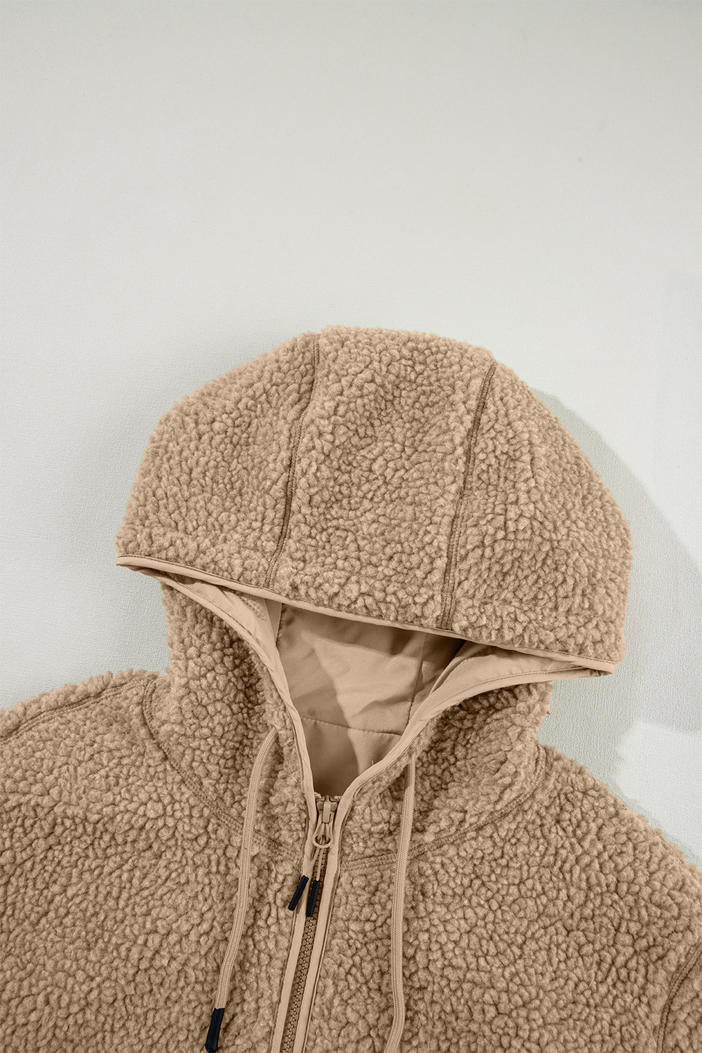 Women's Jacket, Pale Khaki, Fleece Zip Up, Drawstring Hood, Pocketed, Casual, Winter Wear, Long Sleeve, Cozy, Daily Use, Solid Color, Layering, Outerwear - Detail View 16 Women's Jacket, Pale Khaki, Fleece Zip Up, Drawstring Hood, Pocketed, Casual, Winter Wear, Long Sleeve, Cozy, Daily Use, Solid Color, Layering, Outerwear - Detail View 16