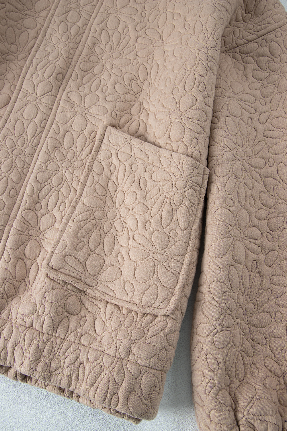 French Beige Quilted Jacket: Solid Color with Floral Pattern and Long Sleeves - Detail View 17 French Beige Quilted Jacket: Solid Color with Floral Pattern and Long Sleeves - Detail View 17