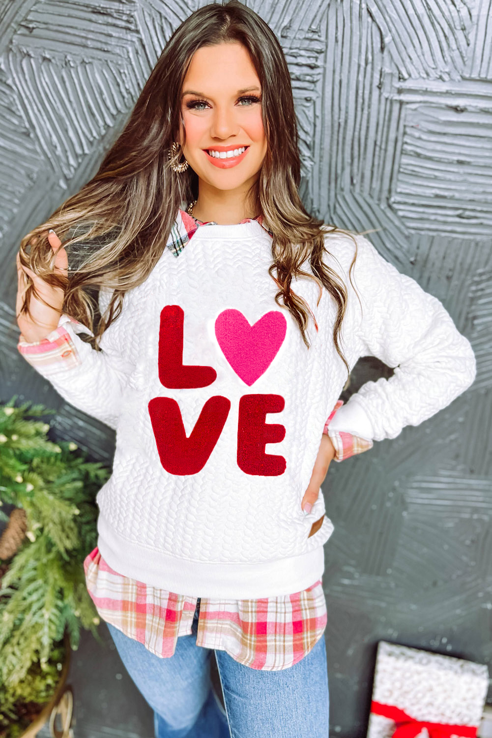 Women's LOVE Chenille Sweatshirt, Casual Quilted Long Sleeve - Detail View 4 Women's LOVE Chenille Sweatshirt, Casual Quilted Long Sleeve - Detail View 4