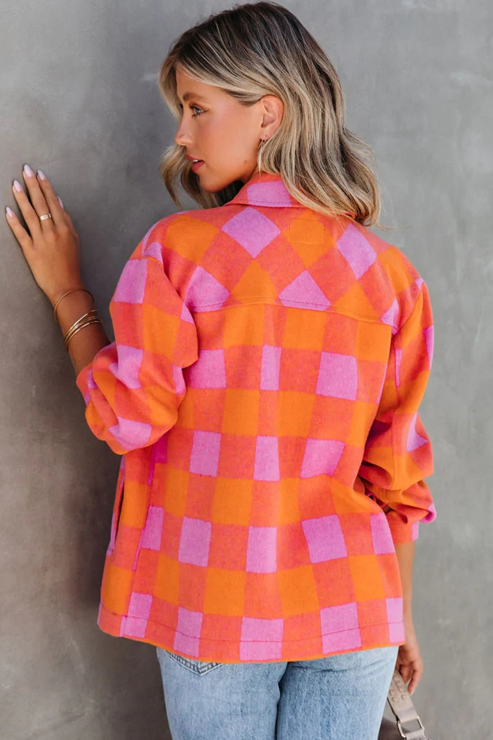 Casual and Chic Long Sleeve Plaid Jacket with Chest Pockets - Orange - Detail View 2 Casual and Chic Long Sleeve Plaid Jacket with Chest Pockets - Orange - Detail View 2