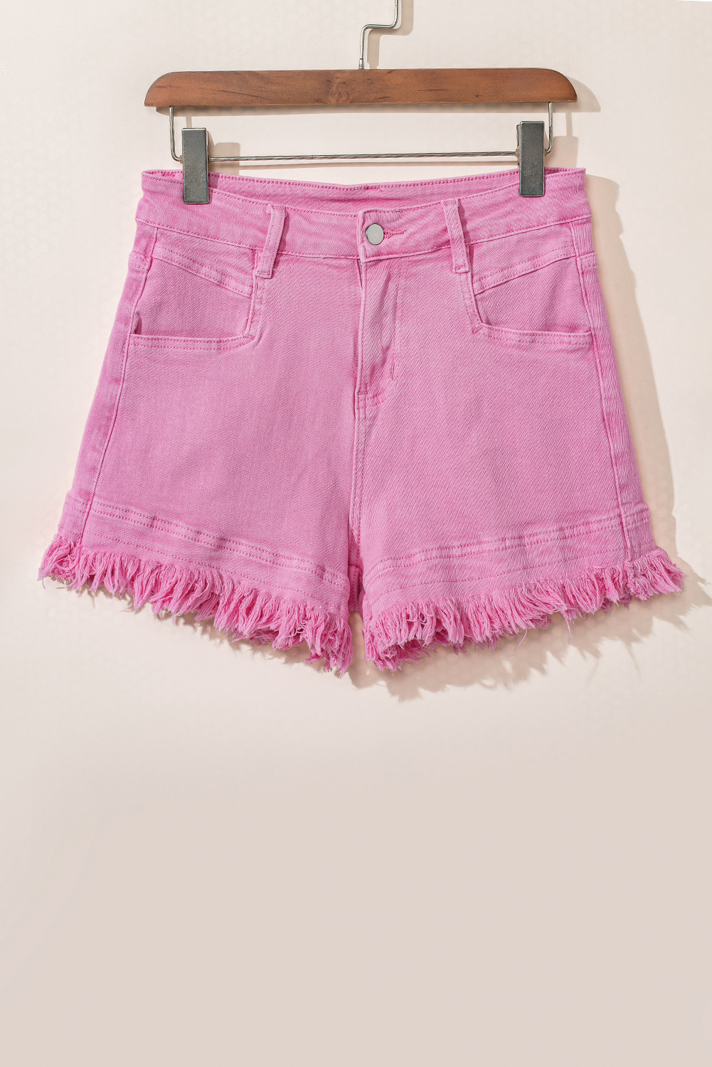 Women's Pink Denim Shorts, Mid Rise Frayed Edge Casual Wear - Detail View 7 Women's Pink Denim Shorts, Mid Rise Frayed Edge Casual Wear - Detail View 7