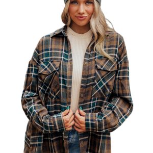 Women's Brown Plaid Print Chest Pockets Buttoned Shirt Jacket - Main View