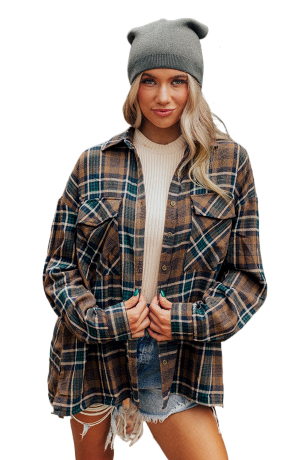 Women's Brown Plaid Print Chest Pockets Buttoned Shirt Jacket - Main View Women's Brown Plaid Print Chest Pockets Buttoned Shirt Jacket - Main View