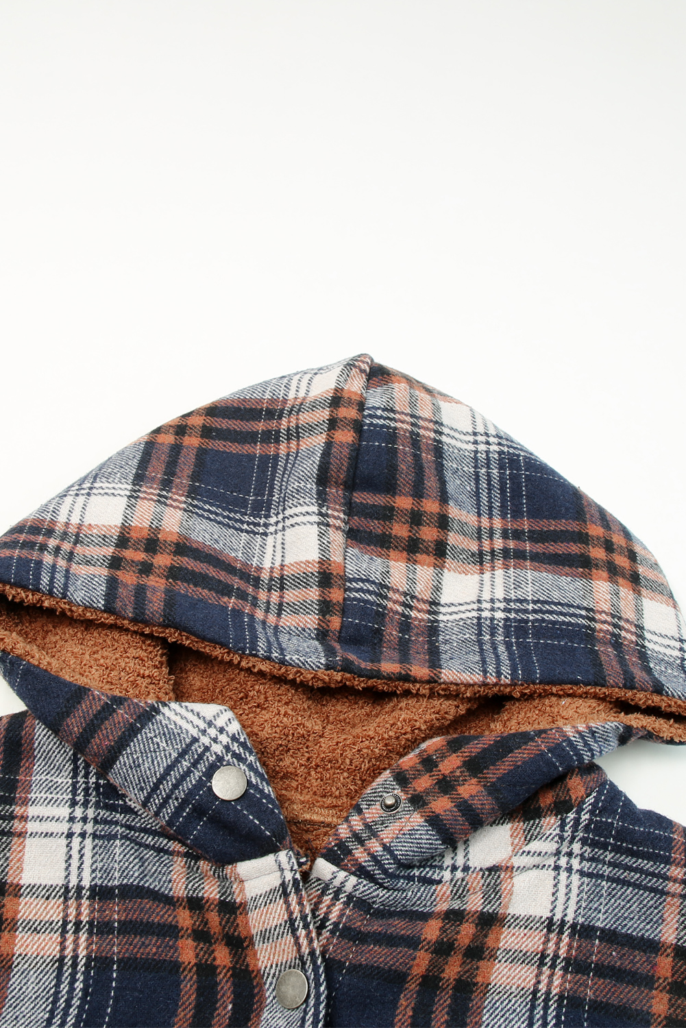 Women's Plaid Sherpa Shacket, Hooded Button Down Jacket - Detail View 13 Women's Plaid Sherpa Shacket, Hooded Button Down Jacket - Detail View 13