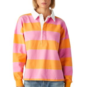 Women's Yellow Stripe Color Block Polo Collar Sweatshirt for Smart Casual Looks - Main View