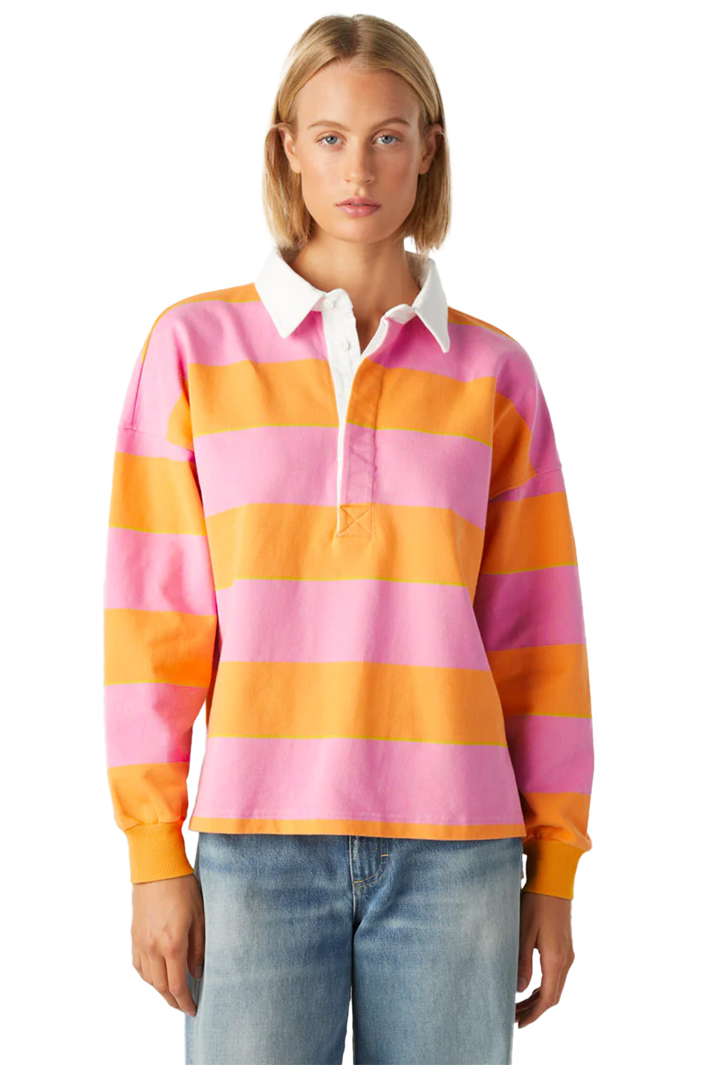 Women's Yellow Stripe Color Block Polo Collar Sweatshirt for Smart Casual Looks - Main View Women's Yellow Stripe Color Block Polo Collar Sweatshirt for Smart Casual Looks - Main View