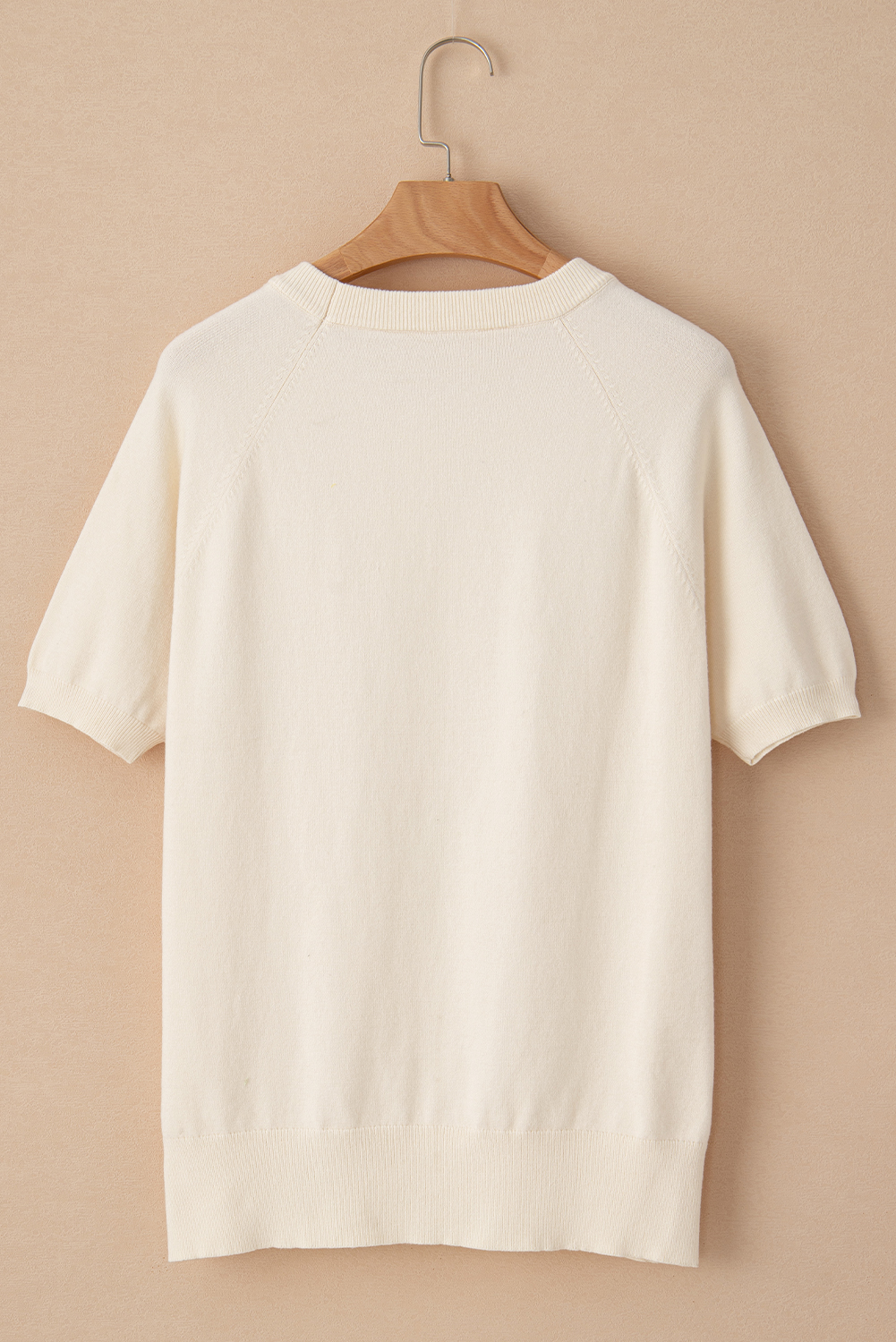 Women's Floral Embroidered Top, Beige Short Sleeve Knit - Detail View 7 Women's Floral Embroidered Top, Beige Short Sleeve Knit - Detail View 7