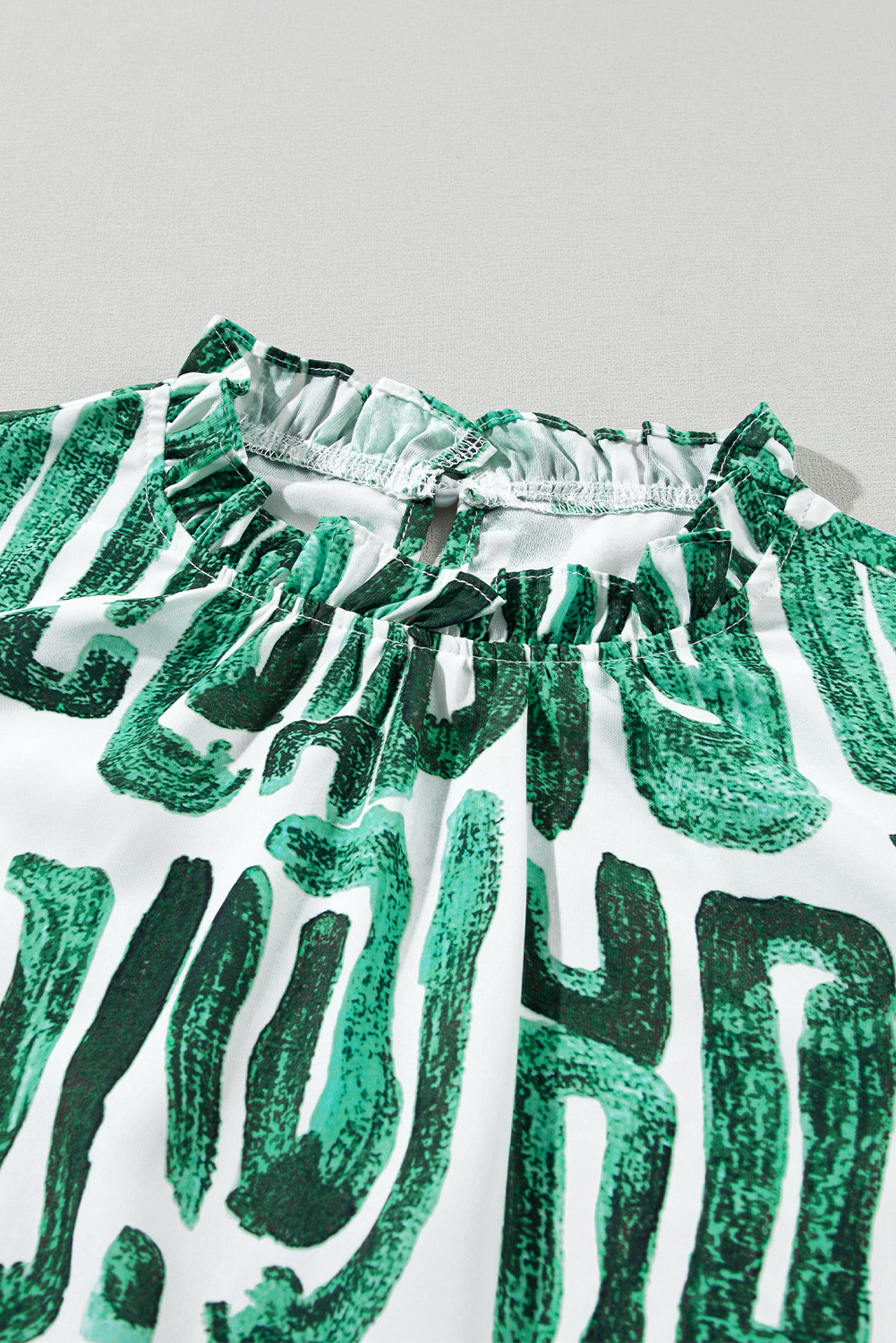 Green Abstract Summer Top, Women's Frilled Neck Casual Shirt - Detail View 12 Green Abstract Summer Top, Women's Frilled Neck Casual Shirt - Detail View 12