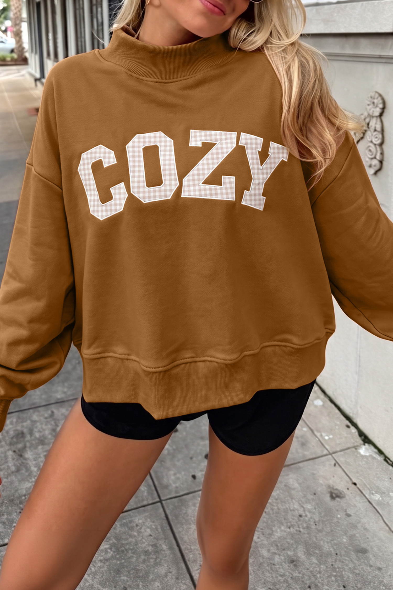 Women's Cozy Embroidered Sweatshirt, Casual Stand Neck - Detail View 7 Women's Cozy Embroidered Sweatshirt, Casual Stand Neck - Detail View 7