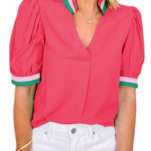 Women's Carrot Colorful Trim V-Neck Short Sleeve Blouse - Main View