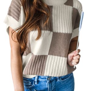 Chic Women's Khaki Checkered Color Block Crew Neck Short Sleeve Sweater - Main View