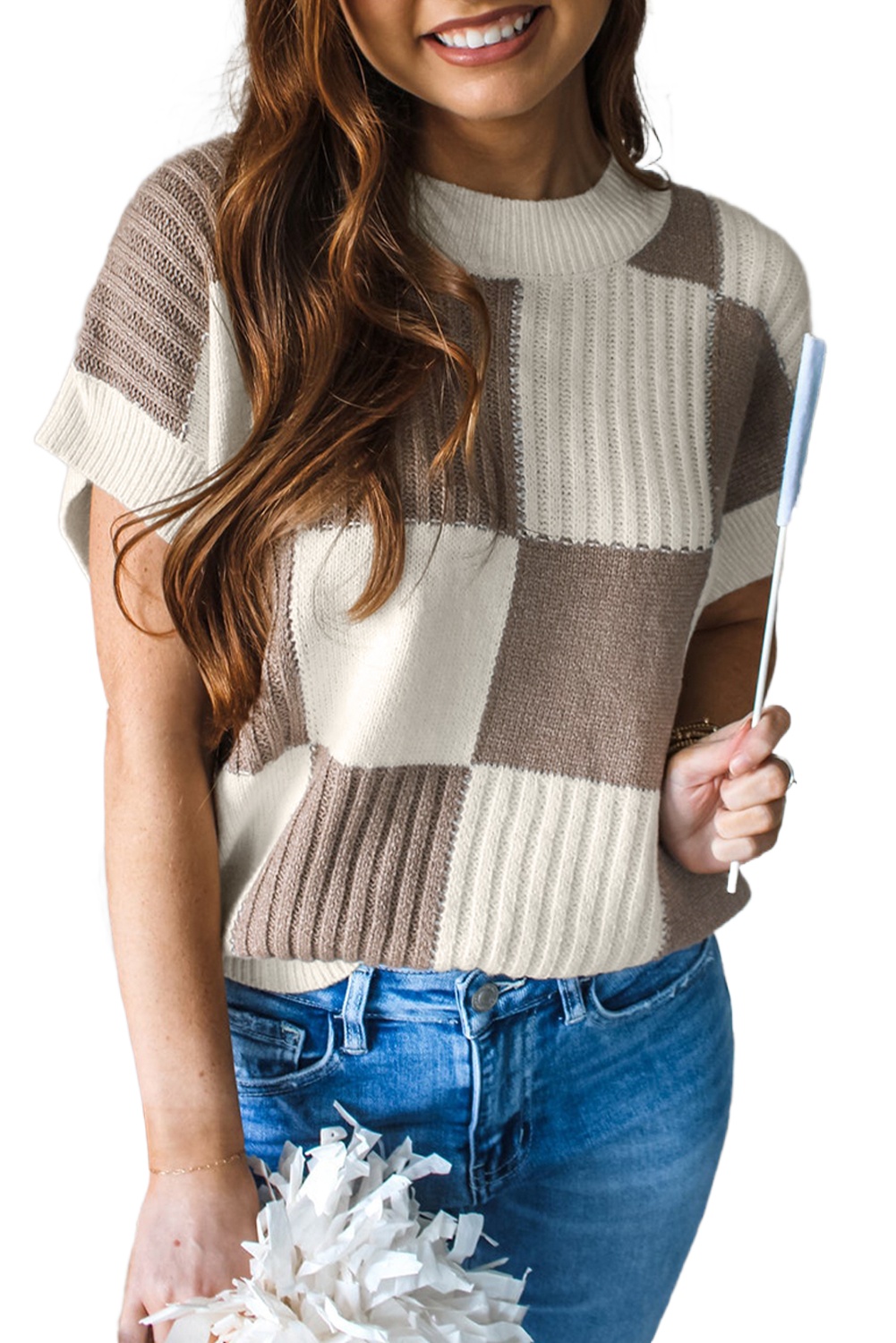 Chic Women's Khaki Checkered Color Block Crew Neck Short Sleeve Sweater - Main View Chic Women's Khaki Checkered Color Block Crew Neck Short Sleeve Sweater - Main View