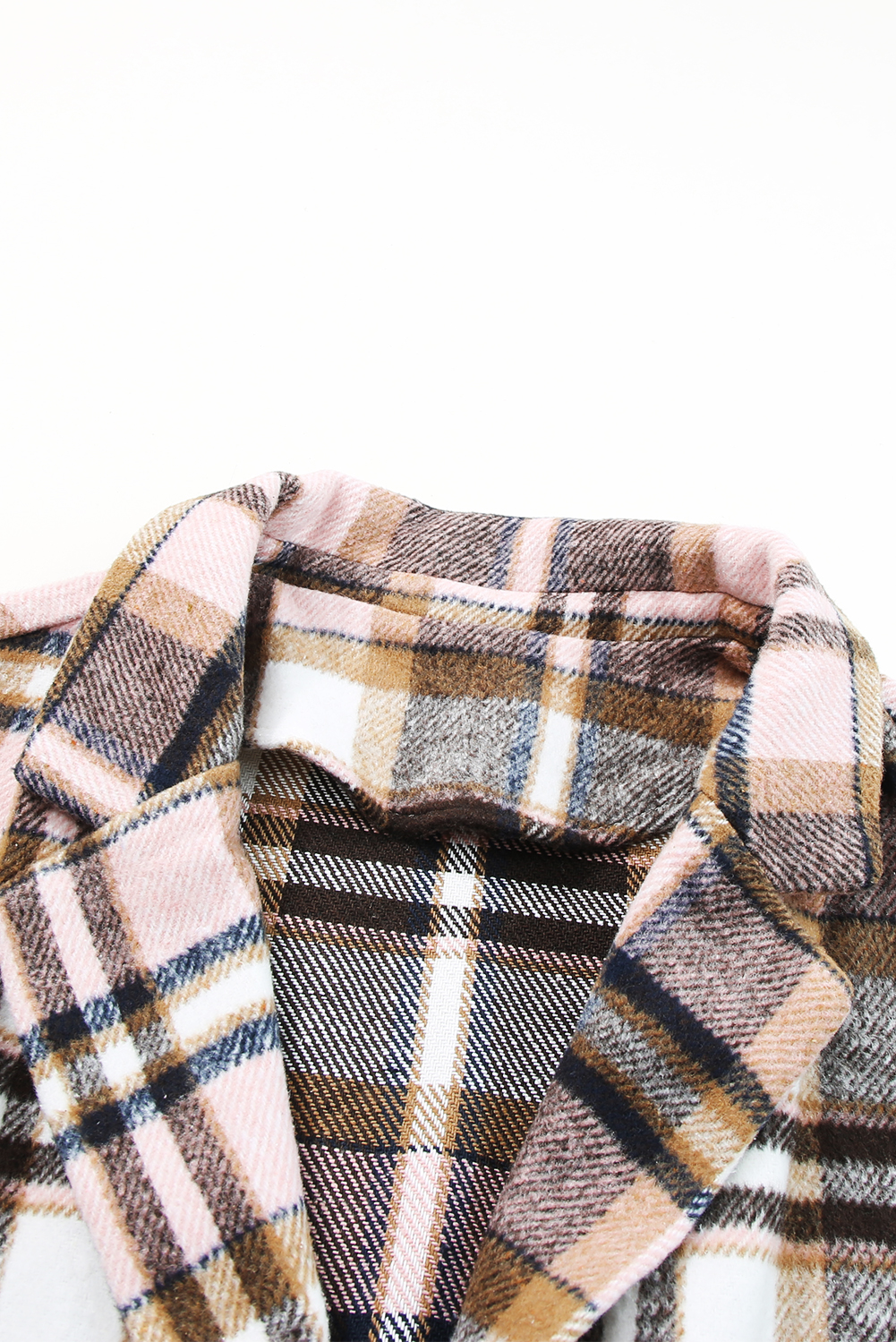 Stylish Long Sleeve Plaid Coat: Pink with Lapel Design - Detail View 17 Stylish Long Sleeve Plaid Coat: Pink with Lapel Design - Detail View 17