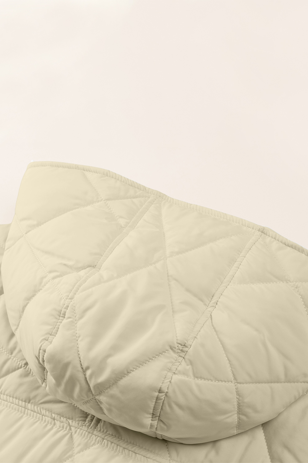 Women's Beige Quilted Hooded Coat with Snap Button Closure - Detail View 21 Women's Beige Quilted Hooded Coat with Snap Button Closure - Detail View 21