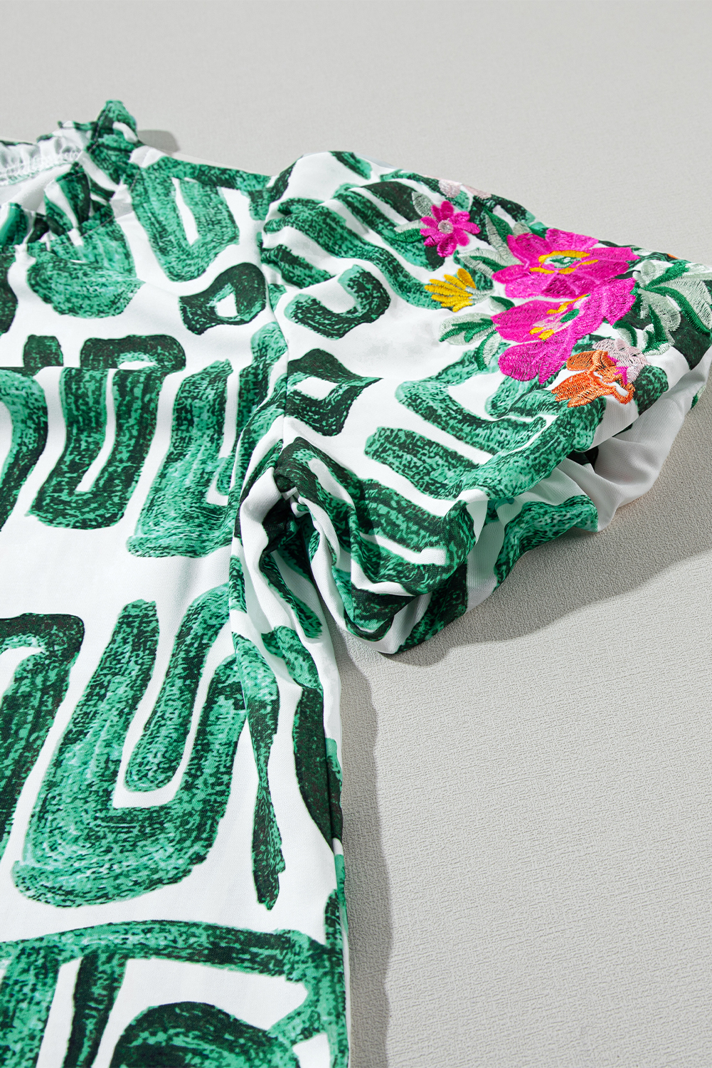 Women's Abstract Print Top, Green Puff Sleeve Summer Blouse - Detail View 13 Women's Abstract Print Top, Green Puff Sleeve Summer Blouse - Detail View 13