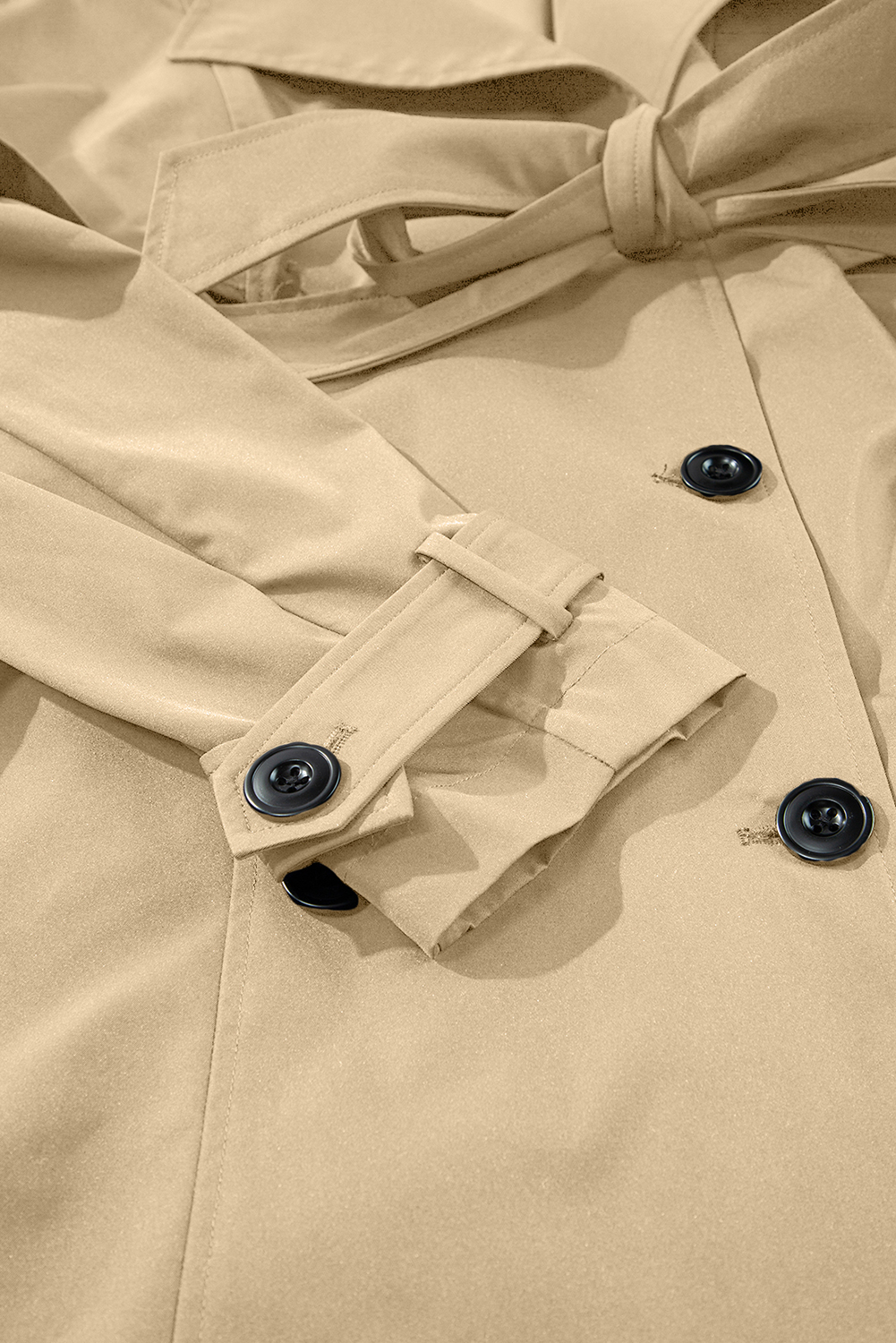 Women's Pale Khaki Solid Color Lapel Collar Waist Tie Wind Coat - Detail View 9 Women's Pale Khaki Solid Color Lapel Collar Waist Tie Wind Coat - Detail View 9