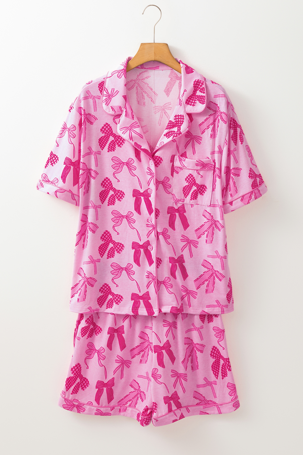 Women's Pajama Set, Pink Bow Print, Half Sleeve, Shorts, Sleepwear, Casual, Comfortable, Loungewear, Summer Sleepwear, Cute Design, Stylish, Relaxed Fit, Daily Wear, Functional Pockets, Button Details - Detail View 8 Women's Pajama Set, Pink Bow Print, Half Sleeve, Shorts, Sleepwear, Casual, Comfortable, Loungewear, Summer Sleepwear, Cute Design, Stylish, Relaxed Fit, Daily Wear, Functional Pockets, Button Details - Detail View 8