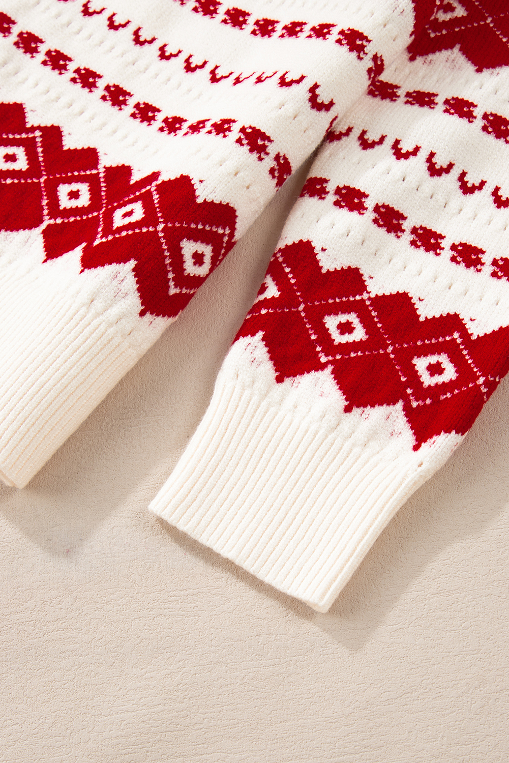 Trendy Holiday Sweater: White Geometric Pattern with Red Accents and Slouched Silhouette - Detail View 11 Trendy Holiday Sweater: White Geometric Pattern with Red Accents and Slouched Silhouette - Detail View 11