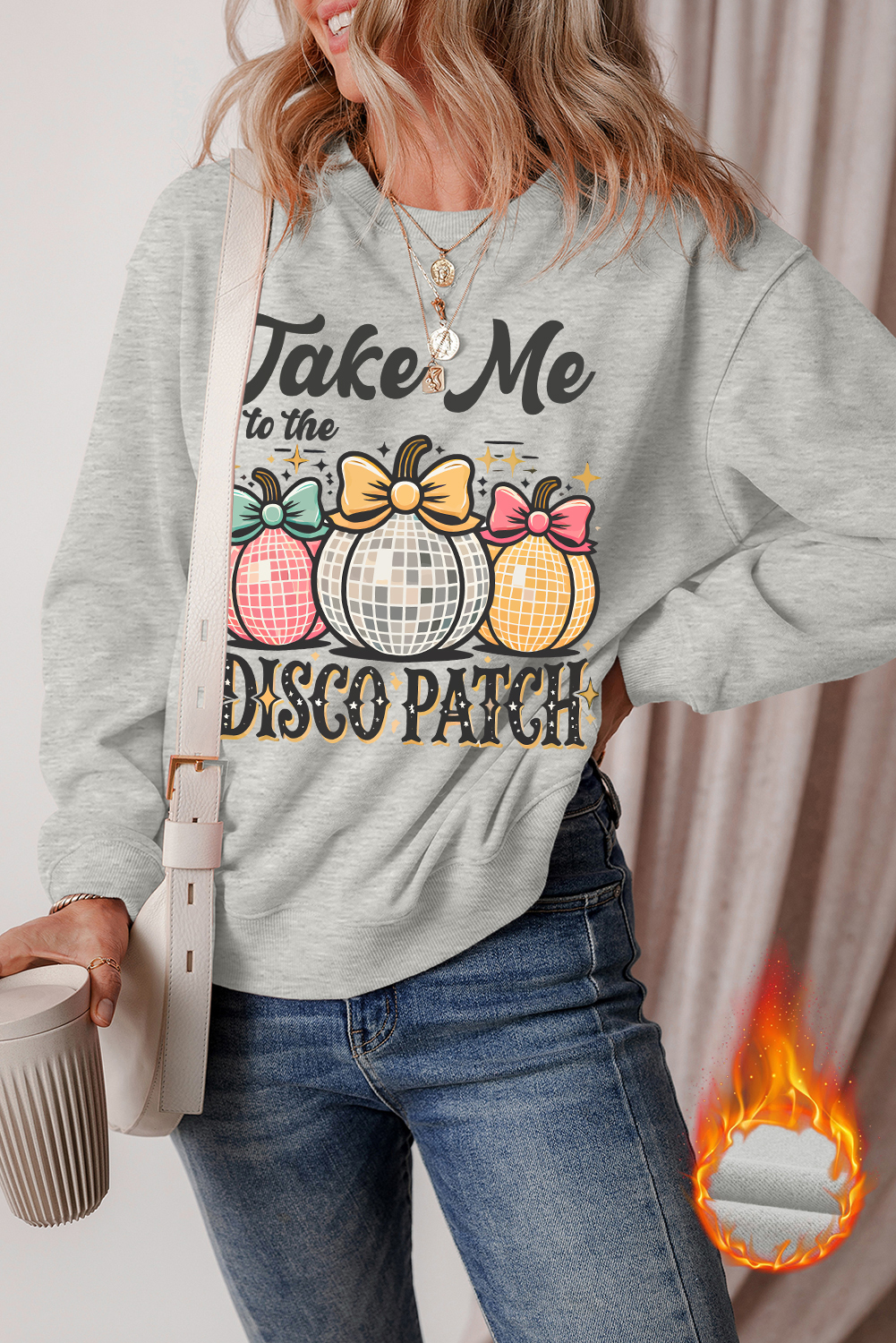 Women's Gray Disco Ball Bowknot Pumpkin Graphic Crewneck Sweatshirt - Detail View 6 Women's Gray Disco Ball Bowknot Pumpkin Graphic Crewneck Sweatshirt - Detail View 6